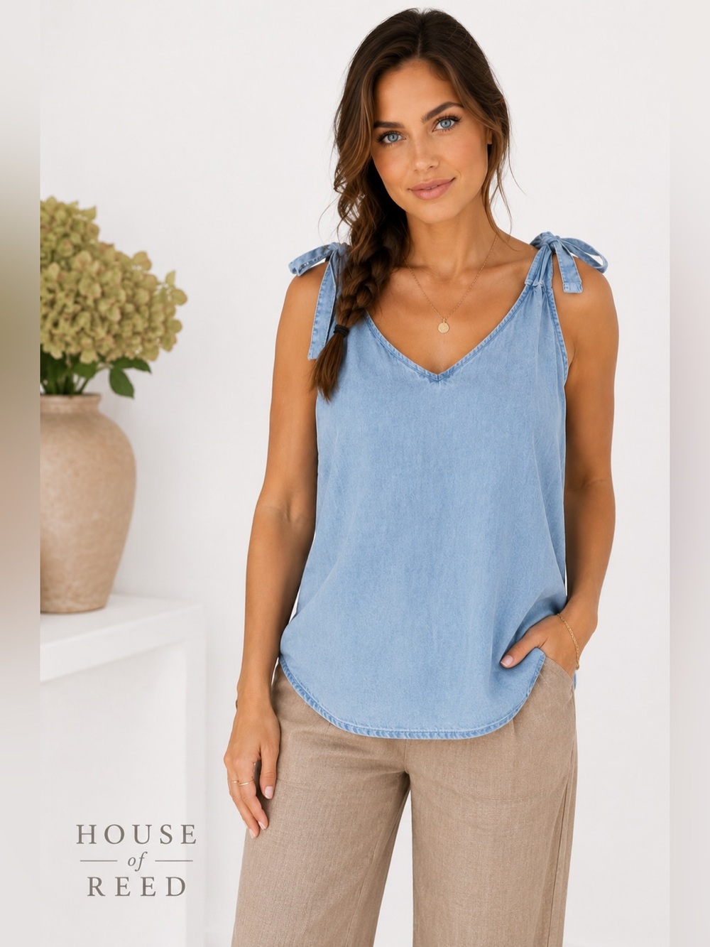 Jane and Delancey Chambray Tie Shoulder Tank Top Blue Sleeveless Lyocell Blouse